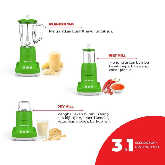 Maspion Blender Plastik Anti Pecah 3in1 1 Liter - MT1273PL | MT-1273 PL - Hijau